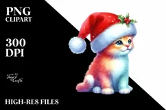 A Cute Watercolor Cat Sitting with Santa Hat, White Product Image 3