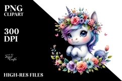 Adorable Baby Unicorn with Floral Wreath, Vibrant Watercolor Product Image 2