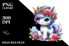 Adorable Baby Unicorn with Floral Wreath, Vibrant Watercolor Product Image 2