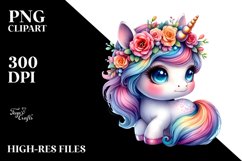 Adorable Baby Unicorn with Floral Wreath, Vibrant Watercolor Product Image 2