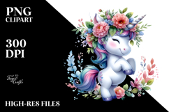 Cute Baby Unicorn Dancing Floral Wreath PNG Product Image 2