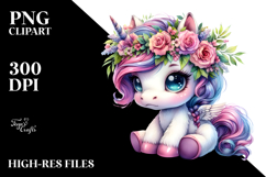 Baby Unicorn Sitting with Floral Wreath, Vibrant Watercolor Product Image 2