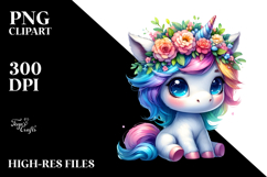 Baby Unicorn Sitting with Floral Wreath, Vibrant Watercolor Product Image 2