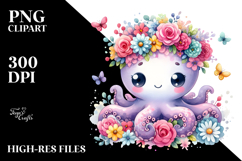 Cute Octopus Sitting on Flower | Sublimation Clipart Product Image 2