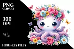 Cute Octopus Sitting on Flower | Sublimation Clipart Product Image 1
