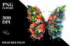 Abstract Butterfly with Plant Leaves and 3D Flowers, PNG Product Image 3