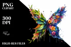 Abstract Butterfly with Plant Leaves and 3D Flowers, PNG Product Image 1