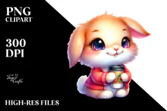 Vibrant Watercolor Baby Rabbit with Coffee Cup, PNG Product Image 2