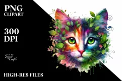 Abstract Vibrant Kitten with Plant Leaves PNG Product Image 1