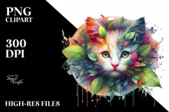 Abstract Kitten with Plant Leaves, PNG Product Image 1