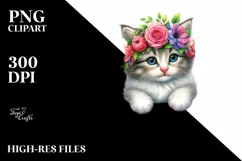 Watercolor Young Kitten with Flowers | Sublimation | Clipart Product Image 1