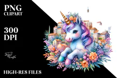 colorful Baby Unicorn with Provencal Town Product Image 2