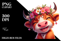 Whimsical Highland Cow with Flower Crown PNG Product Image 2