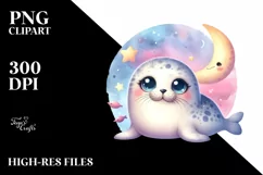 Colorful Baby Ringed Seal Moon Clipart Product Image 3