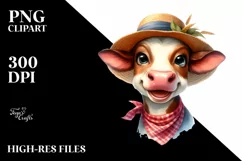 Cow Watercolor Cow with Sun Hat | Clipart Product Image 1
