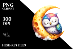 Vibrant Cute Baby Owl Sleeping on the Moon, PNG Product Image 2