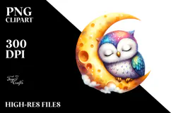Vibrant Cute Baby Owl Sleeping on the Moon, PNG Product Image 2