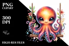 Colorful Baby Octopus Swing Watercolor Sublimation Clipart Product Image 3