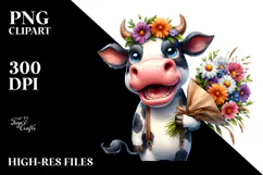 Watercolor Cow Standing with Large Flower Bouquet Product Image 2