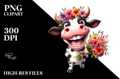 Watercolor Cow Standing with Large Flower Bouquet Product Image 2