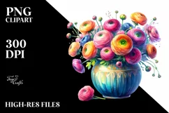 Vibrant Watercolor Vase with Ranunculus | Clipart Product Image 1