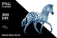 Blue Toile Zebra Portrait, Vibrant Watercolor PNG Product Image 2