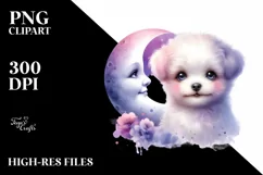 Watercolor Baby Dog Lilac on Moon | Sublimation | Clipart Product Image 1