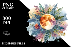Vibrant Watercolor Boho Moon with Foliage Clouds Product Image 2