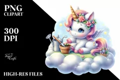 Baby Unicorn Gardening on Lofty Cloud | Clipart Product Image 1
