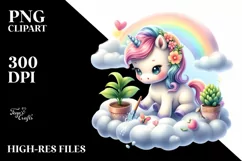 Baby Unicorn Gardening on Lofty Cloud | Clipart Product Image 1