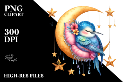 Vibrant Whimsical Baby Hummingbird Sleeping on the Moon, PNG Product Image 2