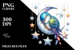 Vibrant Whimsical Baby Hummingbird Sleeping on the Moon, PNG Product Image 2