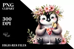 Young Penguin Adorned With Flowers Enjoying A Cocktail | Product Image 1