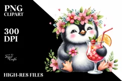 Young Penguin Adorned With Flowers Enjoying A Cocktail | Product Image 1