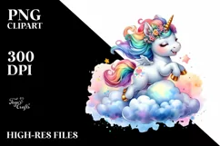 Colorful Baby Unicorn Bouncing on Cloud Puff PNG Product Image 1