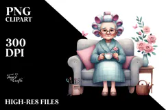 Old Lady Washing Hair Tea Cup Clipart Product Image 2