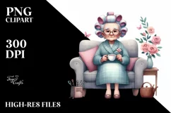 Old Lady Washing Hair Tea Cup Clipart Product Image 1