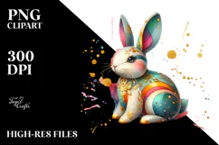 Colorful Wooden Bunny with Golden Insertions, Watercolor PNG Product Image 2
