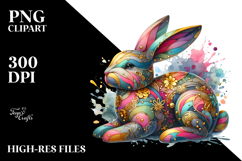 Colorful Wooden Bunny with Golden Insertions, Watercolor PNG Product Image 2