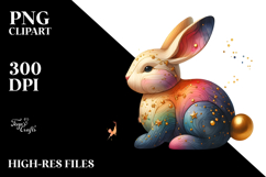 Colorful Wooden Bunny with Golden Insertions, Watercolor PNG Product Image 2