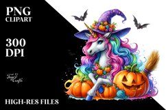 Vibrant Halloween Unicorn with Broom | Sublimation Clipart Product Image 1