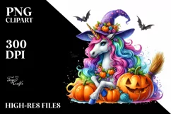 Vibrant Halloween Unicorn with Broom | Sublimation Clipart Product Image 1