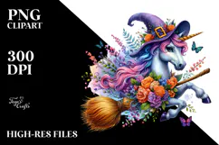 Vibrant Halloween Unicorn with Broom | Sublimation Clipart Product Image 2