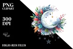 Watercolor Vibrant Moon Foliage Stars Clipart Product Image 3