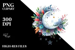 Watercolor Vibrant Moon Foliage Stars Clipart Product Image 2