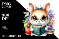 Vibrant Watercolor Baby Rabbit with Book, PNG Product Image 2