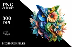 Abstract Vibrant Owl with Flowers PNG Product Image 1