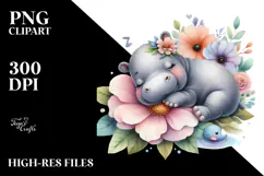 Baby Hippo Sleeping on Flower, PNG Product Image 2