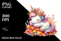 Colorful Baby Unicorn with Autumn Leaves PNG Product Image 2