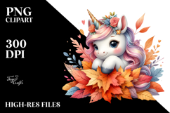 Colorful Baby Unicorn with Autumn Leaves PNG Product Image 2